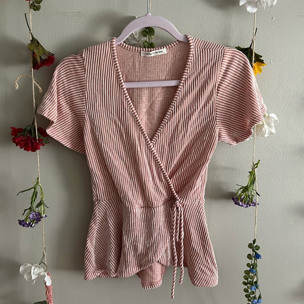 Pink & White Peplum Wrap Top